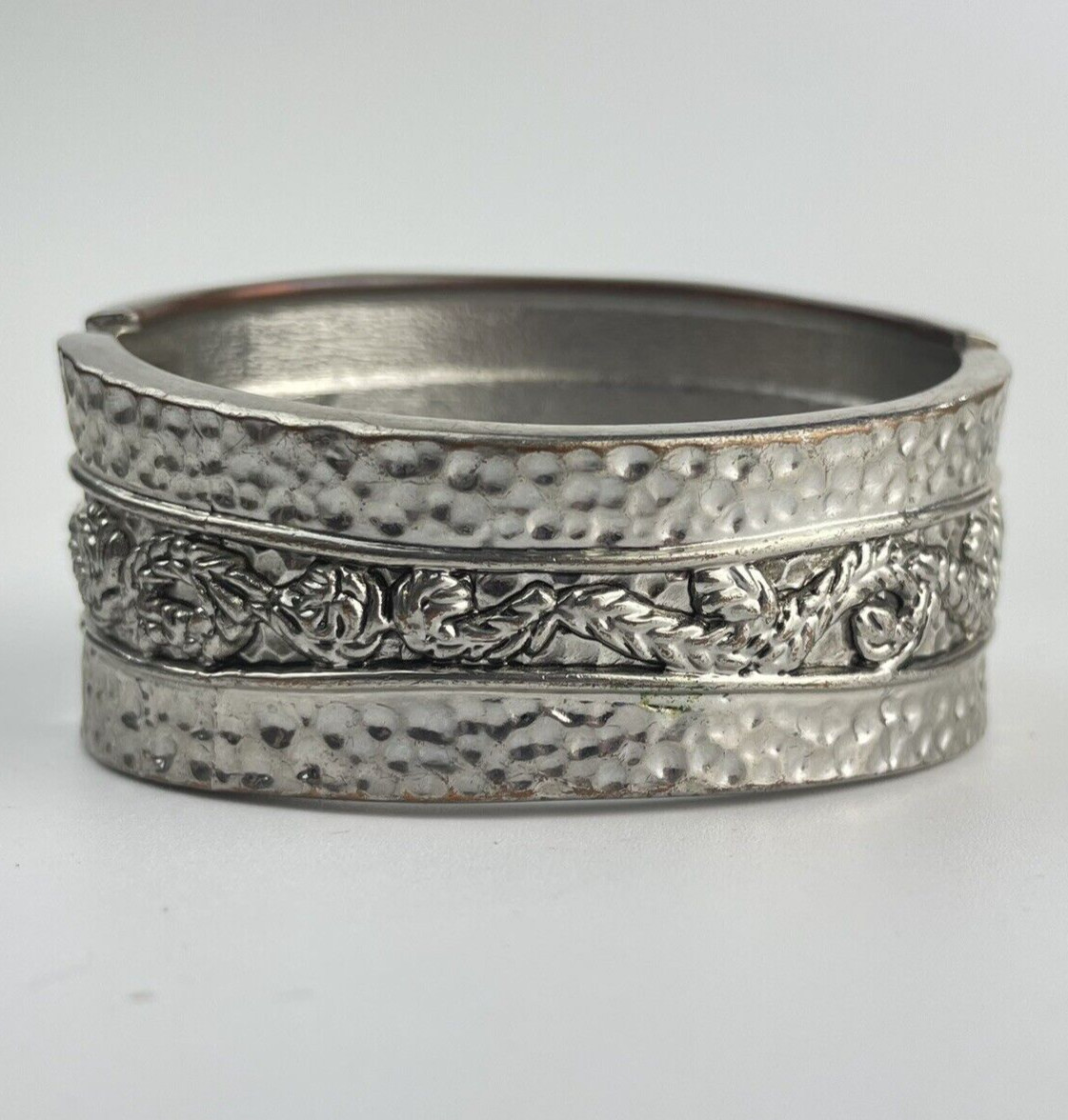 Silver Tone Hinged Bangle Bracelet Hammered Leaf … - image 4