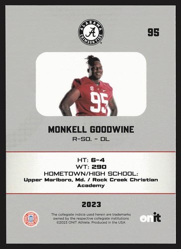 2023 ONIT Athlete Alabama Crimson Tide #95 Monkell Goodwine - Picture 2 of 2