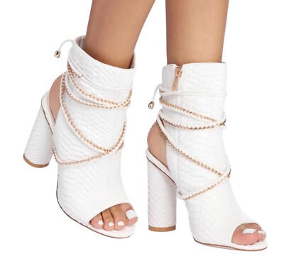 Azalea Wang Ladies Vegan Snake Skin White Open Toe Booties Size 7.5 Wrap Up