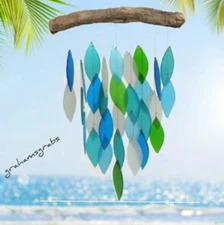 CUT GLASS & DRIFTWOOD OCEAN WATERFALL WIND CHIME HAND CUT GEBLUEG456 FREE SHIP!