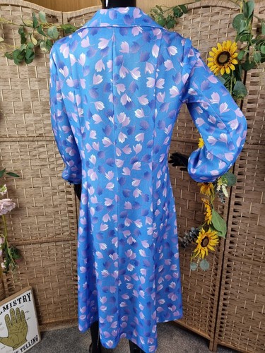 Vintage Eastex Zip Front Dress Size UK 14 16 Blue Floral Leaf Granny Geek 1970's - Picture 9 of 14