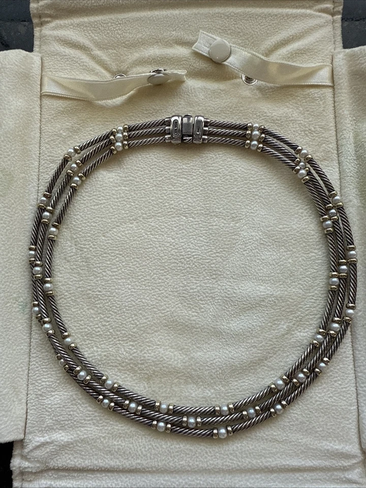 Ожерелье с жемчугом David Yurman DY из чистого серебра 14 карат желтое золото 3 троса 3 мм 15 дюймов - Изображение 2 из 4