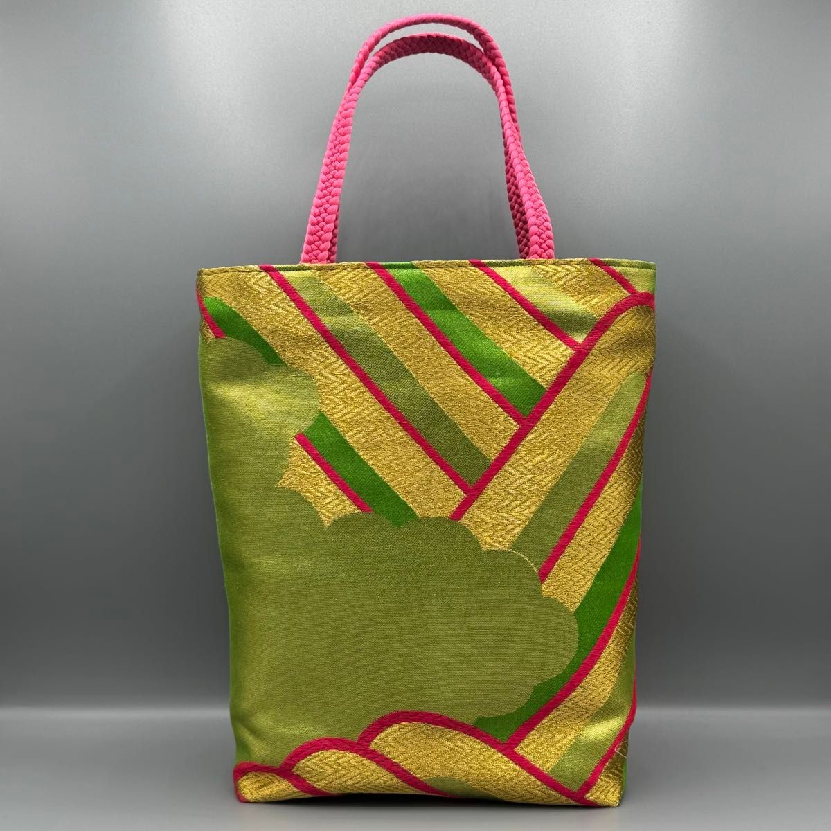 Handmade Japanese Kimono Obi Tote Bag with Green Pink Gold Embroidery and Handle