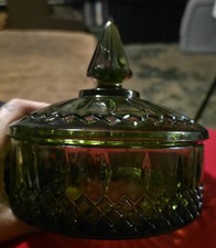 Vintage Indiana Glass Dark Green Candy Nut Dish  Lid Diamond Point Princess Cut
