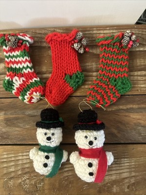 Vintage Handmade Crochet Knit Snowman And Stocking Ornaments Lot Of 5