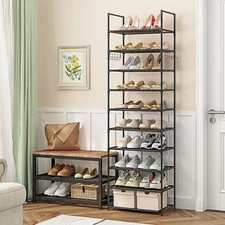 Tall Shoe Rack 10 Tiers Standing Shoes Boots Cabinet Storage Shelf with Hooks US
