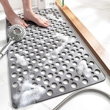Non Slip Bath Mat, Soft Shower Mat, Suction Cups, Drain Design, Gray