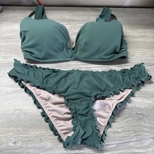 Shade & Shore Bikini Top 34DD Matching Ruffle Bottoms M Set Green Cheeky