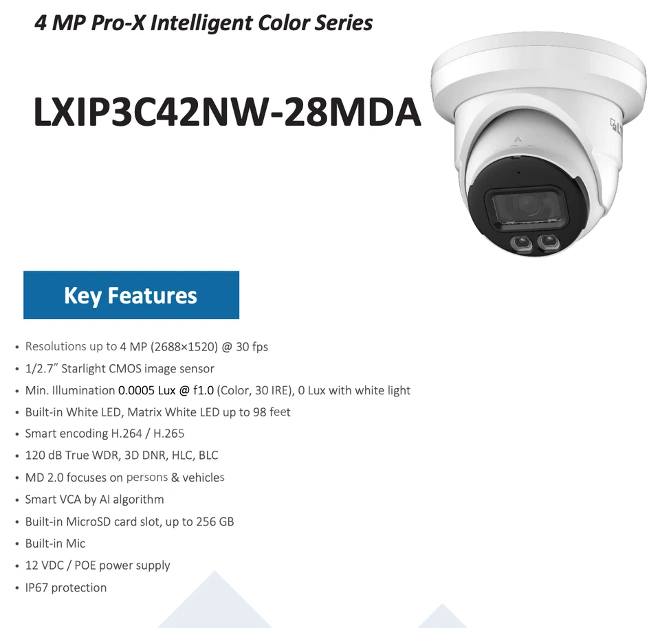LXIP3C42NW-28MDA 4MP IP Full Color 24/7 2.8mm WDR Built-in Mic Ai Turret Camera - Image 4 of 4