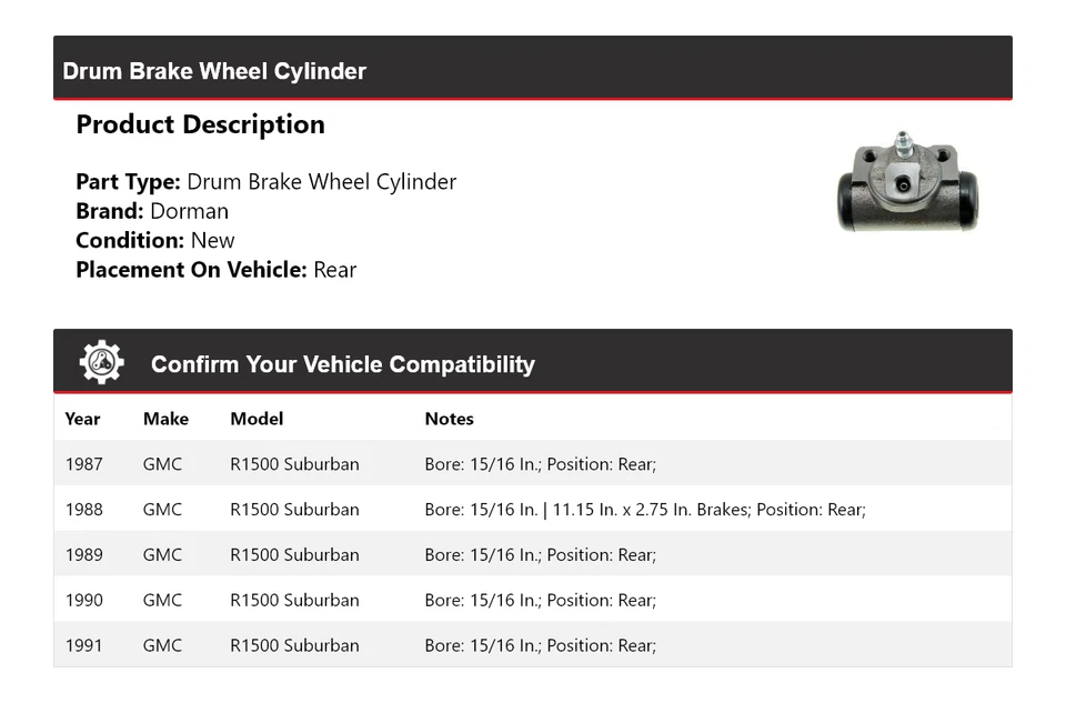 Задний цилиндр барабанного тормоза колеса для 1987-1991 GMC R1500 Suburban Dorman 1988 1989 - Изображение 2 из 3