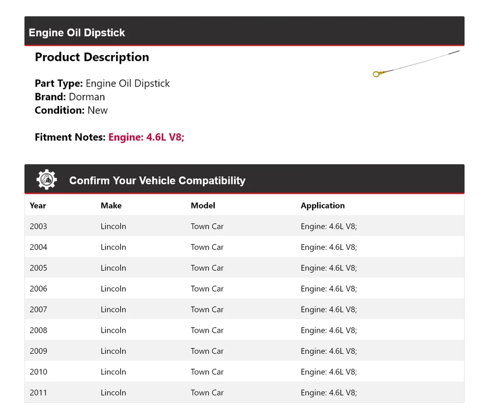 Varilla de medición de aceite de motor Dorman V8 4,6 L Lincoln Town Car 2003-2011 2004 2005 Foto 2 de 4