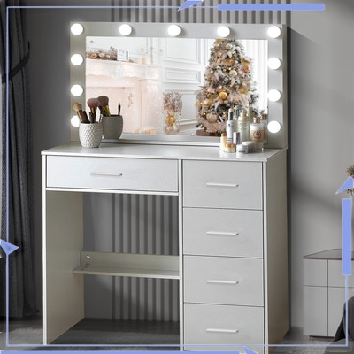 White 5 Darwers Dressing Desk with 11 LED Lighted Mirror 3 Light Colors Dresser