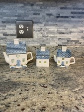 Ceramic Cottage House Tea Set  Teapot w/ Lid, Creamer w/ Lid, Sugared w/Lid
