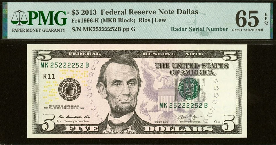 2013 $5 FRN Dallas PMG 65EPQ - 2-Digit Fancy Radar Serial Number 25222252 - Image 2 of 3