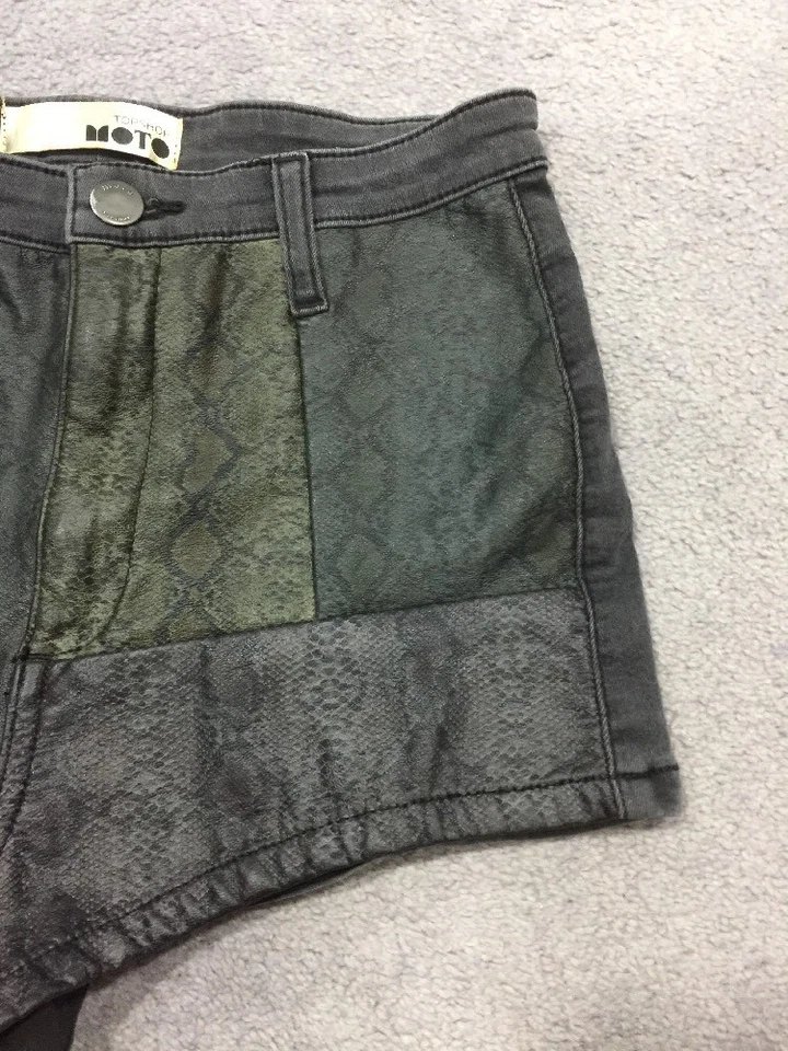 Pantalones Cortos Topshop Moto Damas Cintura Alta Recubiertos 8 W26 Negro Teal Serpiente Verano Foto 4 de 4