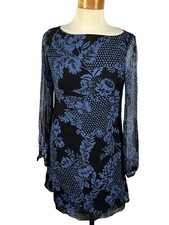Nine West Women's Black Blue Floral 100% Silk Long Sleeve Boat Neck Dress Size 2