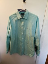 Nautica Mens Aqua Blue Classic Fit Striped Button Up Dress Shirt Size 18 34/35