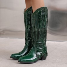 New Women's Sequins Tassels Patent Leather Fashion Boots Pointed Toe Heels Boots
