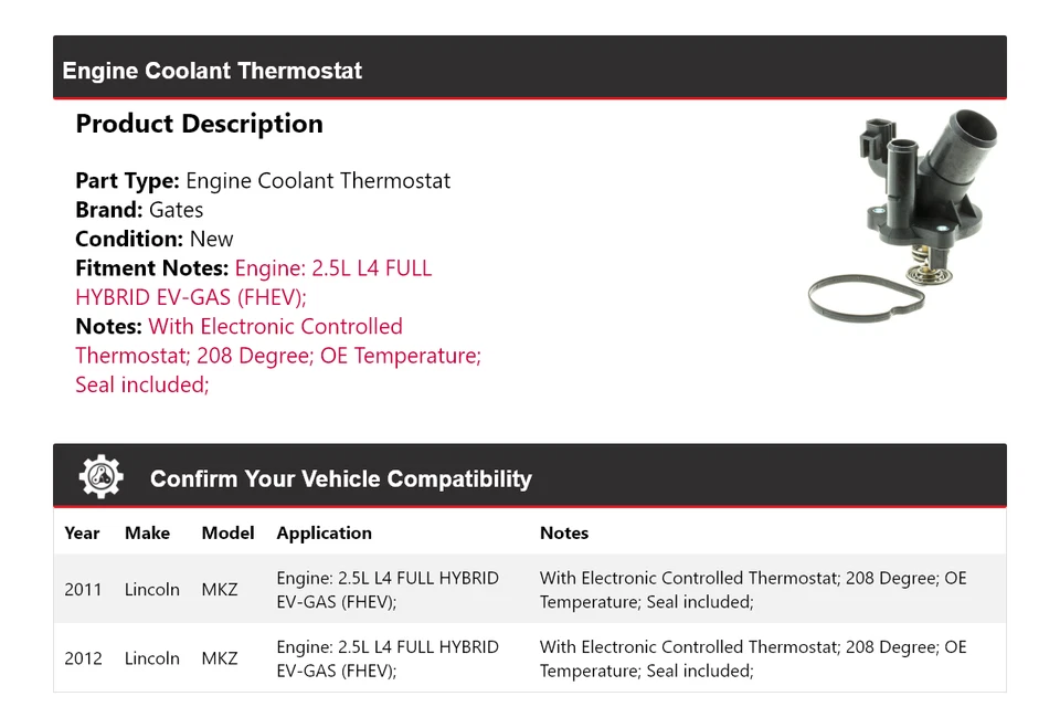 Portões termostato líquido de arrefecimento do motor Lincoln MKZ para 2011-2012 - Imagem 2 de 4