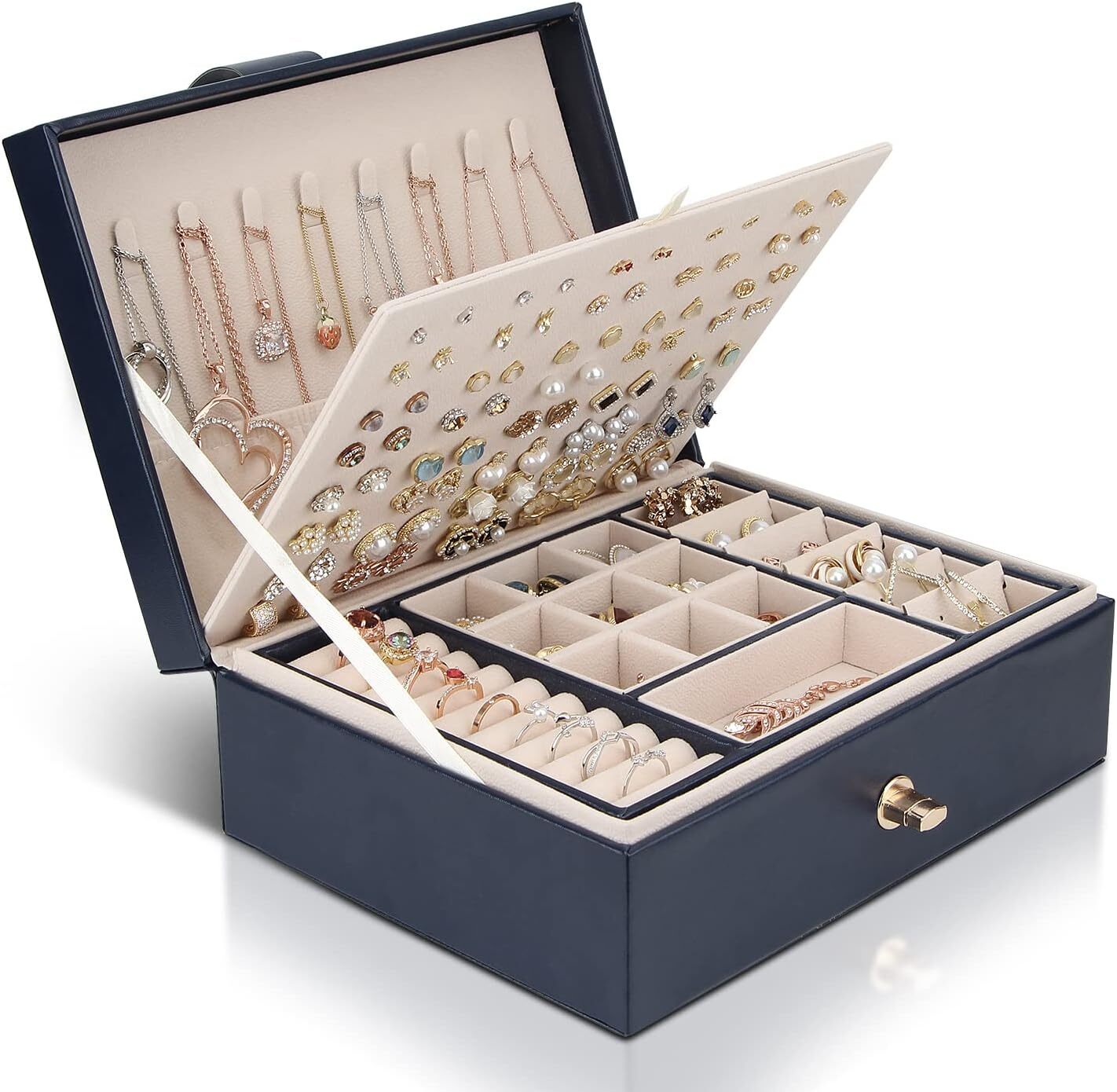 Elegant Blue Jewelry Box for Women Girls - Large 23x17x9cm Storage Organizer-image