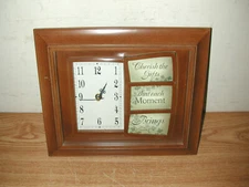 WOODEN AND GLASS FRAMED WALL OR DESK CLOCK WITH THREE SMALL PHOTO FRAMES