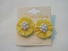 NEW RAFFIA FLOWER POST EARRINGS YELLOW WITH PEARL CENTER
