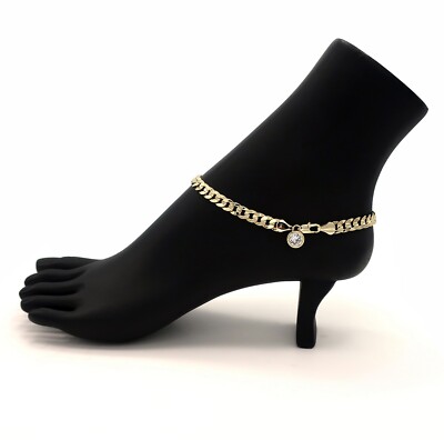 10'' CONCAVE CUBAN CURB LINK CHAIN QUALITY ANKLET CZ BRACELET 14K GOLD PLATED