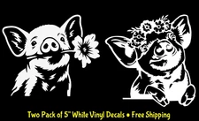 Pigs with Flowers 2 Pack White Vinyl Decals Car Windows Mirror Laptop Tablet