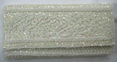 VINTAGE CAVANAGH'S WHITE SATIN BEADED CLUTCH HANDBAG WITH EYEGLASS HOLDER