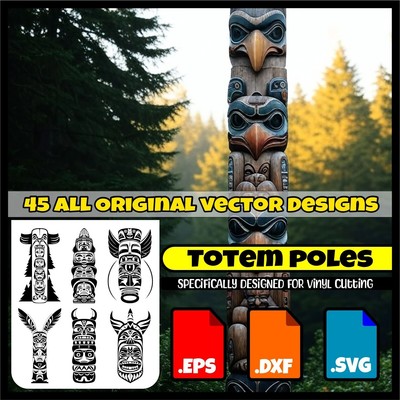 Totem Poles Vector Graphics: 45 Hand-Drawn Designs (EPS, DXF, SVG) Plotter Ready