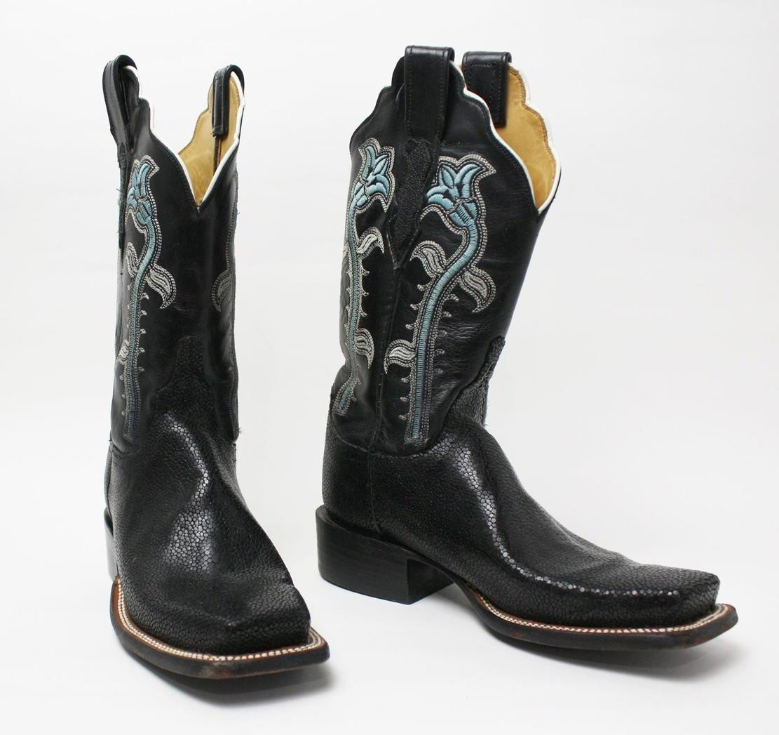 Black Square Toed Cowboy Boots with Blue Flower Embro… Gem