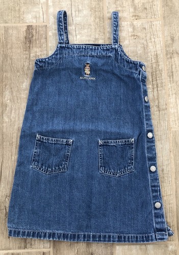 VTG Ralph Lauren Sz 5 blue denim Jean Embroidered Bear Dress Pockets Adjustable