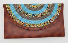Handmade Leather Clutch Bag Beaded Geometric Turquoise Multi-Color Boho