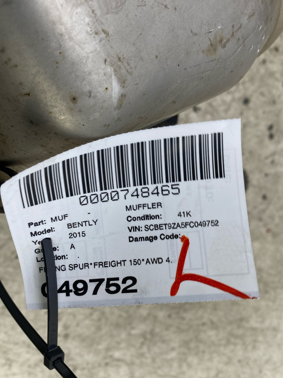 2014-2018 BENTLEY FLYING SPUR AWD 4.0L V8 REAR RIGHT SIDE EXHAUST MUFFLER PIPE