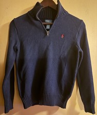Polo Ralph Lauren Boys Blue 1/4 Zip Mock Neck Knit Logo Cotton Sweater 10-12