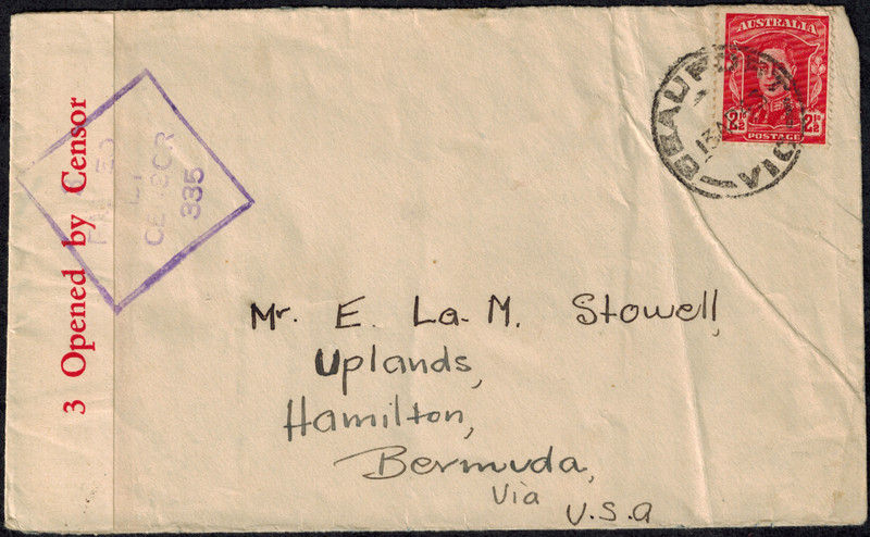 WWII Australia 1943 Censor Cover from Beauport Censor Tape #3 & H/S #335
