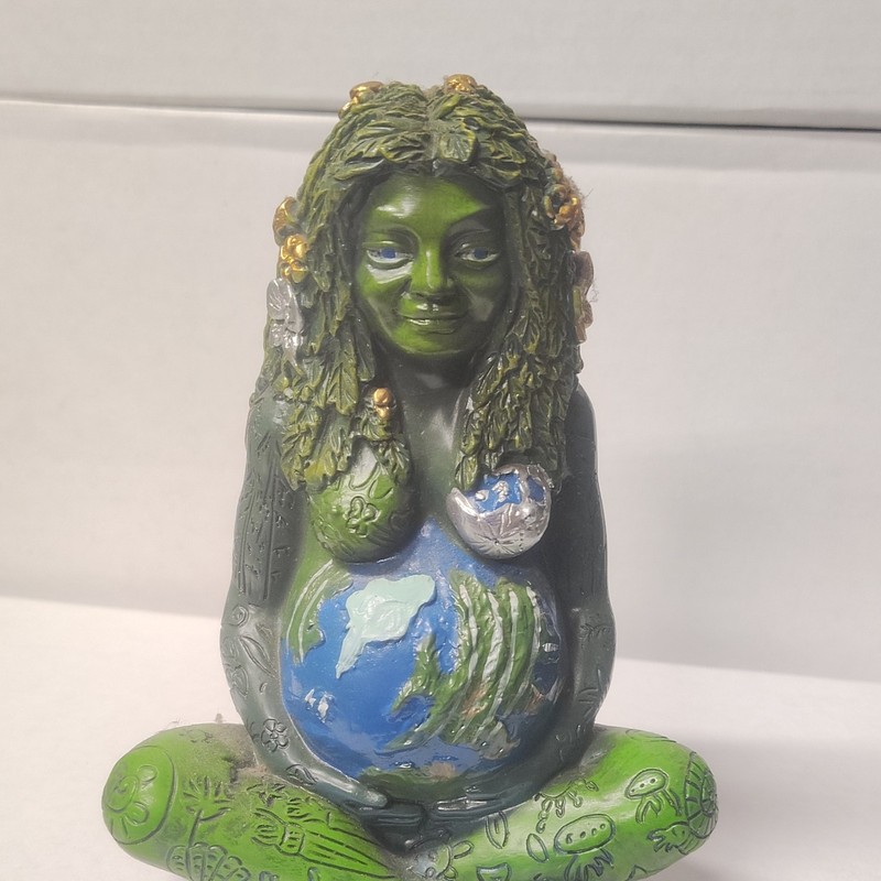Hand Painted Resin Mother Earth Gaia Woman Figurine Holding Globe Green Blue