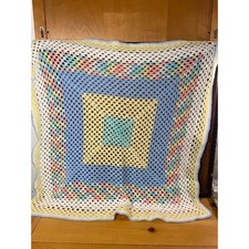 Handmade Crochet Baby Blanket Pastel Granny 30" Square Blue Yellow White Shimmer