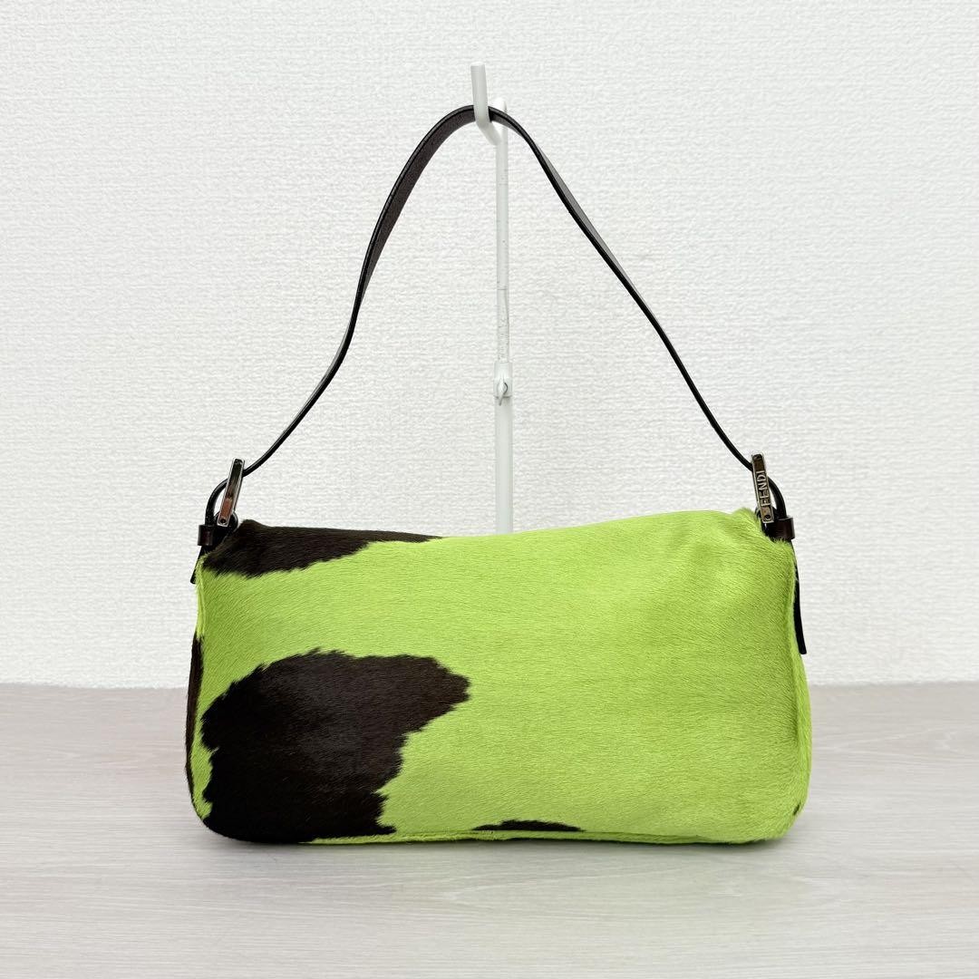 FENDI Baguette Pony Hair Green Leather Vintage Shoulder Bag