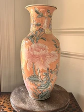 Vintage WBI Chinese 13” Porcelain Vase Peach Pink Floral Design