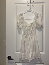 White Puff Sleeve Short A-Line Dress Square Neck Ruffle Hem Tie Back Size S