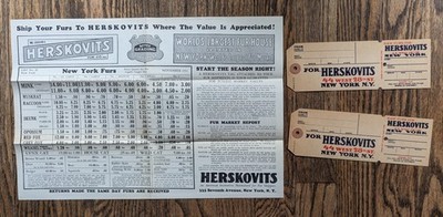 1931 Herskovits New York Raw Fur Tags Price List Stevens Rifles Mink Fox Lynx