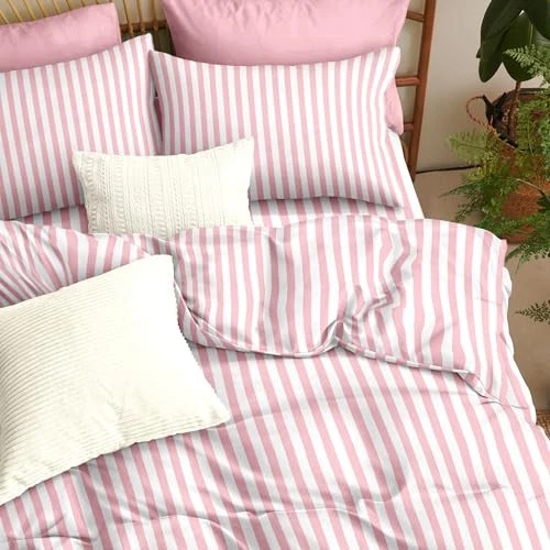 Funda nórdica a rayas tamaño rosa rayas geometría ropa de cama reina rosa blanco rayas Foto 2 de 4