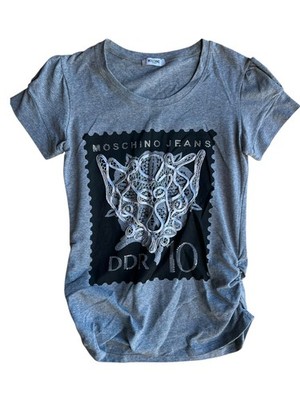 Moschino Women's M 90s Y2k Ruched Sides T-Shirt Stamp Graphic Embellished Gray