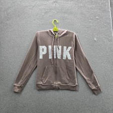 PINK Victoria's Secret Women Hoodie M Taupe Fleece PINK Logo Activewear Zipper