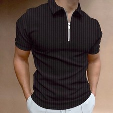 Polo T Shirt Men Zipper Collar Fashion Off Black Pinstripe Striped Golf Zip Soft