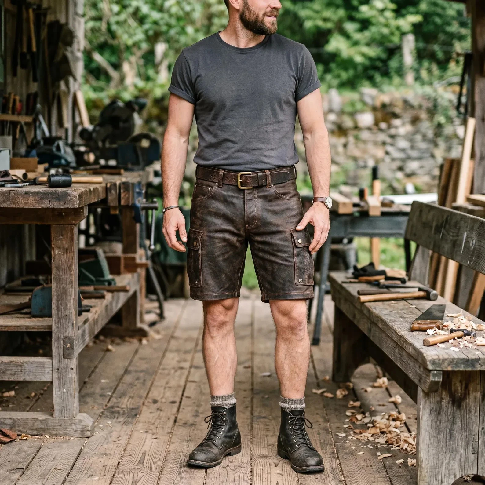 Men's Real Brown Cowhide Leather Cargo Multi Pocket Shorts Knee Length Shorts