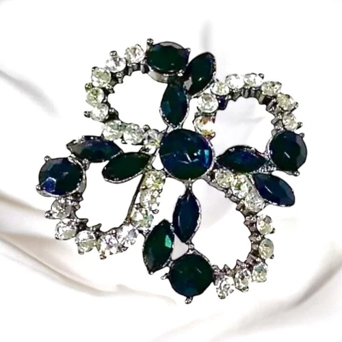 Vintage Black And Clear Faceted Rhinestone Brooch Pendant Pin Costume Jewelry