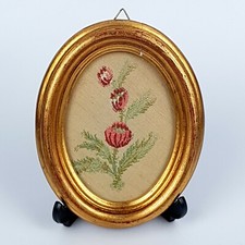 Antico Dipinto Miniatura Quadro Italy Ricamo in Seta Fiori con Cornice preziosa
