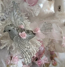 Shabby Chic Silver Glitter Pink Roses & Pink Bow Bird Christmas Tree Ornament